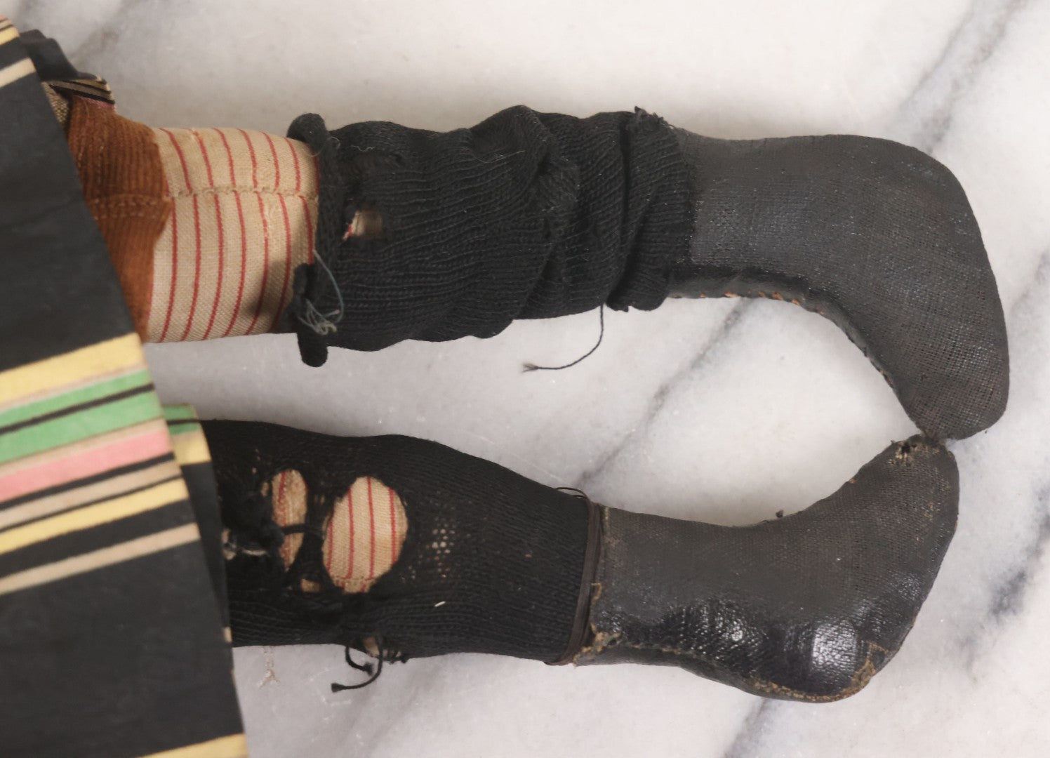 Lot 011 - Antique Victorian China Head Doll With Custom Outfit Including Velvet Blazer, Green, Pink, Yellow, And Black Striped Skirt, Knit Underskirt, White And Pink Pantyhose, And Black Stockings, 20" H