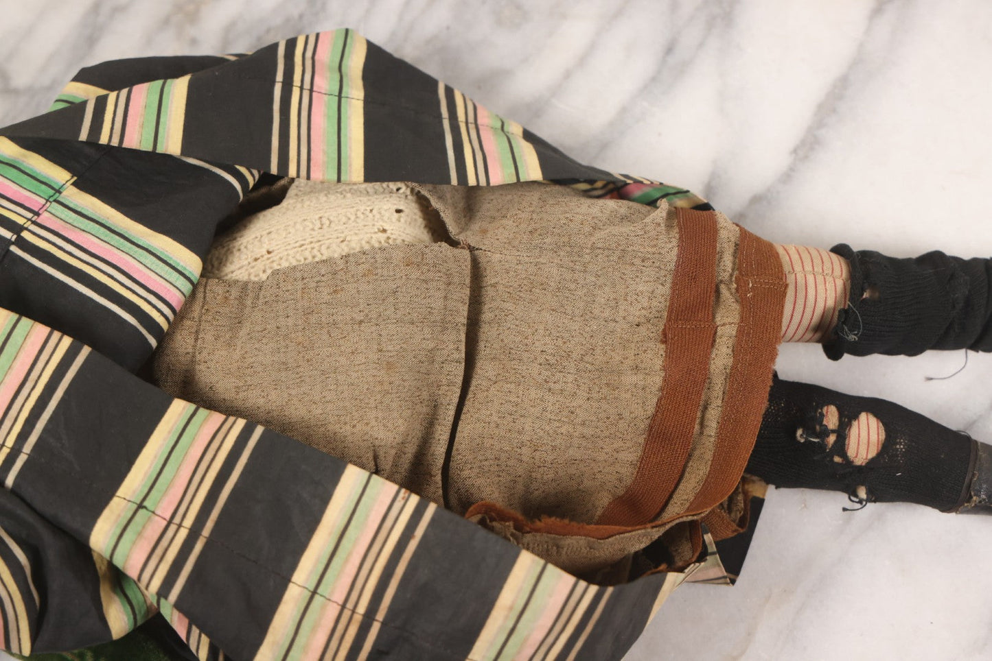 Lot 011 - Antique Victorian China Head Doll With Custom Outfit Including Velvet Blazer, Green, Pink, Yellow, And Black Striped Skirt, Knit Underskirt, White And Pink Pantyhose, And Black Stockings, 20" H