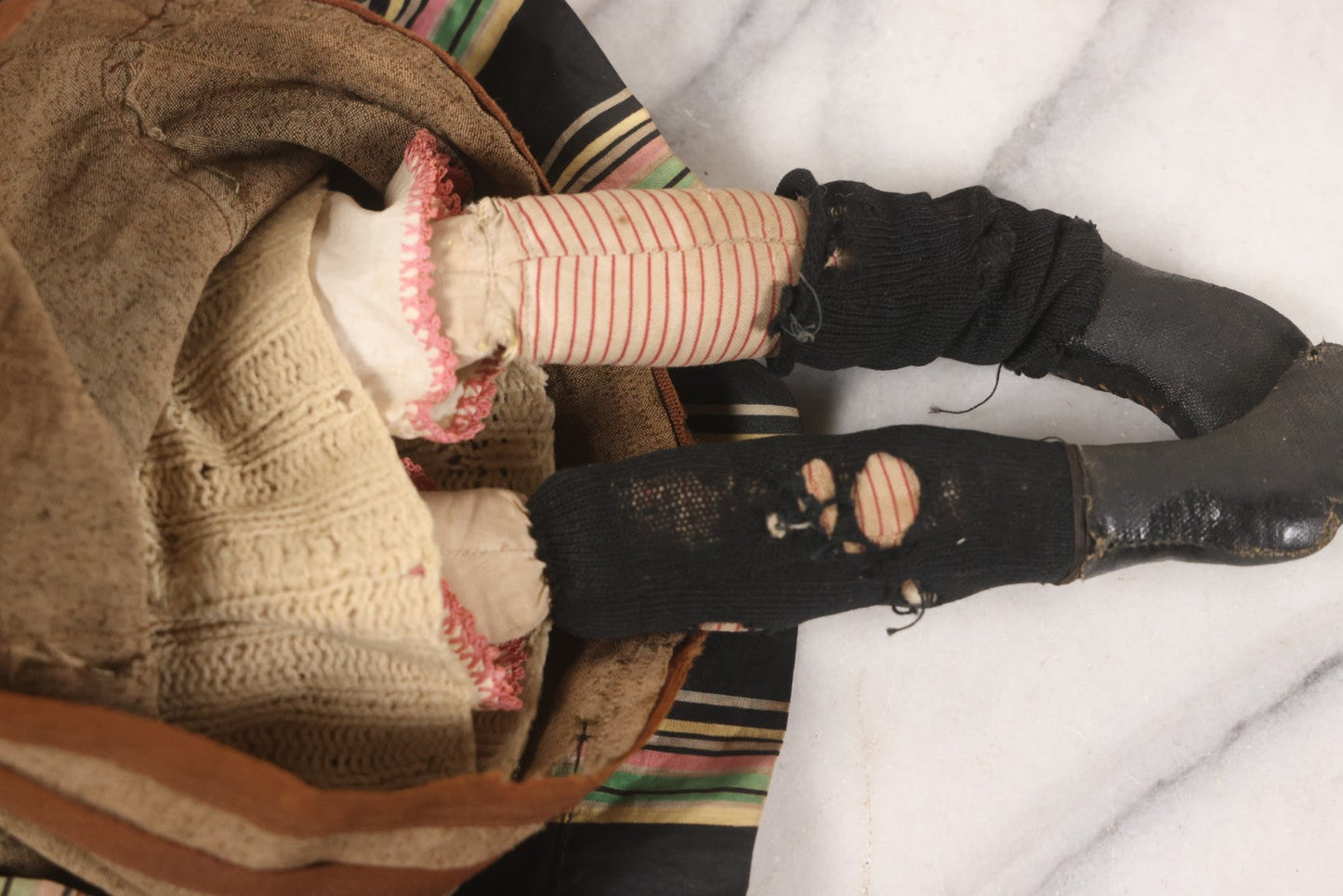 Lot 011 - Antique Victorian China Head Doll With Custom Outfit Including Velvet Blazer, Green, Pink, Yellow, And Black Striped Skirt, Knit Underskirt, White And Pink Pantyhose, And Black Stockings, 20" H