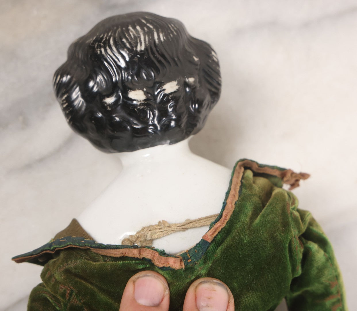 Lot 011 - Antique Victorian China Head Doll With Custom Outfit Including Velvet Blazer, Green, Pink, Yellow, And Black Striped Skirt, Knit Underskirt, White And Pink Pantyhose, And Black Stockings, 20" H