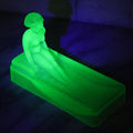 Lot 012 - Vintage Art Deco Uranium Satin Glass Trinket Or Soap Dish, Molded In Green Glass With Seated Nude Female Figure, Circa 1920s–1930s Glows Under Black Light