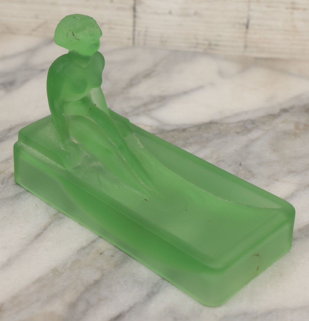 Lot 012 - Vintage Art Deco Uranium Satin Glass Trinket Or Soap Dish, Molded In Green Glass With Seated Nude Female Figure, Circa 1920s–1930s Glows Under Black Light