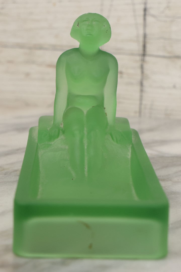 Lot 012 - Vintage Art Deco Uranium Satin Glass Trinket Or Soap Dish, Molded In Green Glass With Seated Nude Female Figure, Circa 1920s–1930s Glows Under Black Light