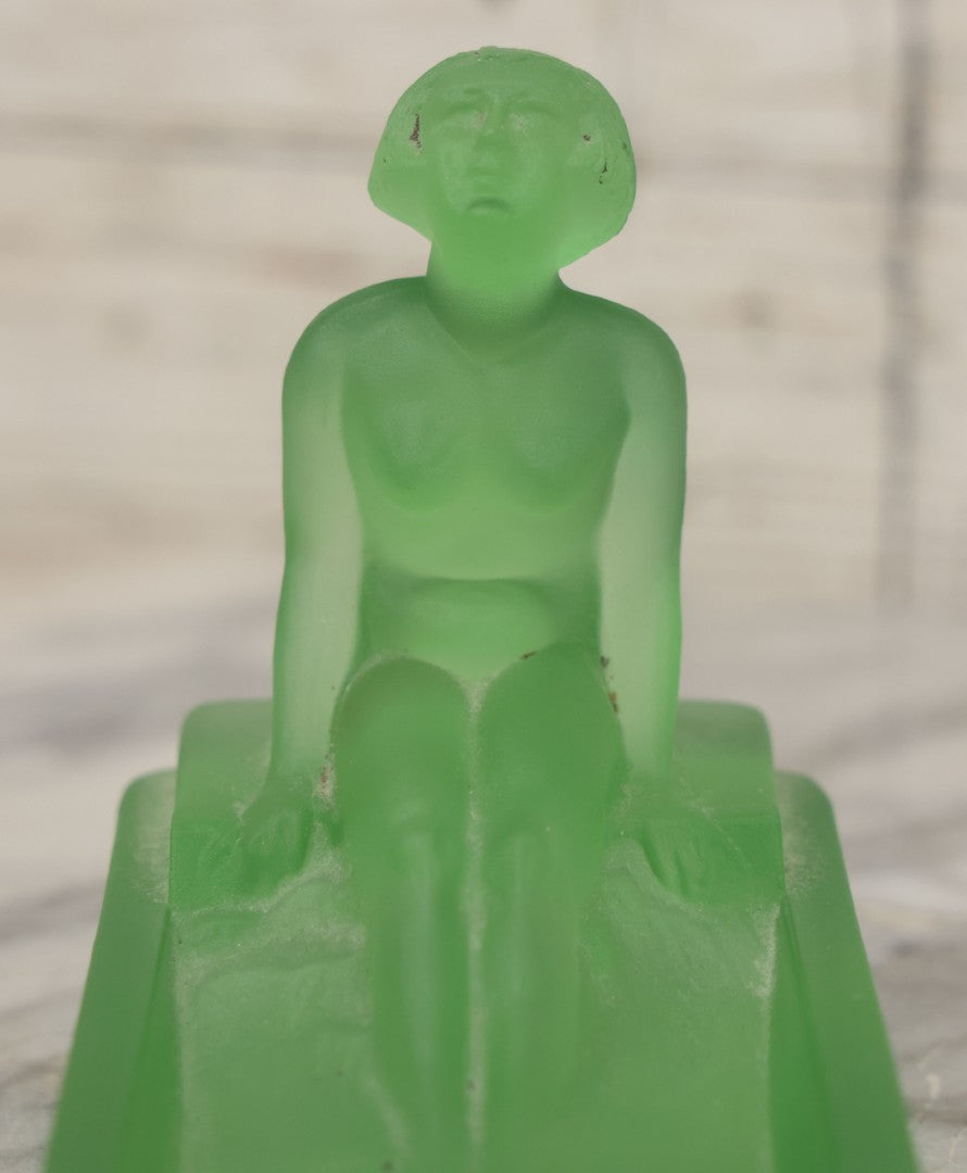 Lot 012 - Vintage Art Deco Uranium Satin Glass Trinket Or Soap Dish, Molded In Green Glass With Seated Nude Female Figure, Circa 1920s–1930s Glows Under Black Light