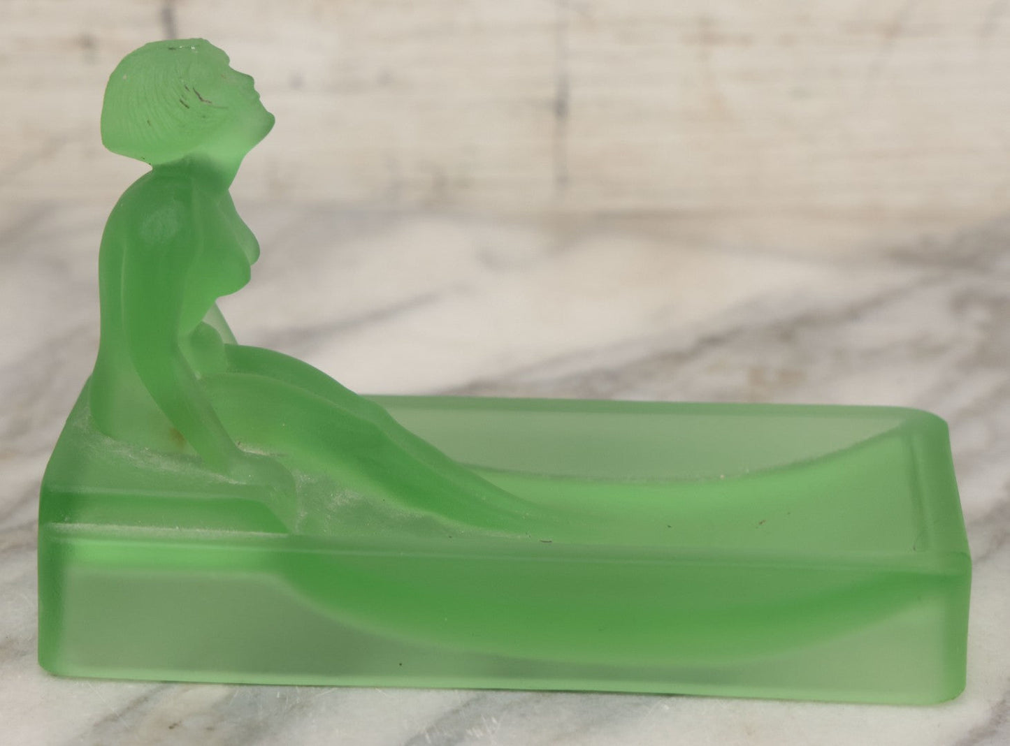 Lot 012 - Vintage Art Deco Uranium Satin Glass Trinket Or Soap Dish, Molded In Green Glass With Seated Nude Female Figure, Circa 1920s–1930s Glows Under Black Light