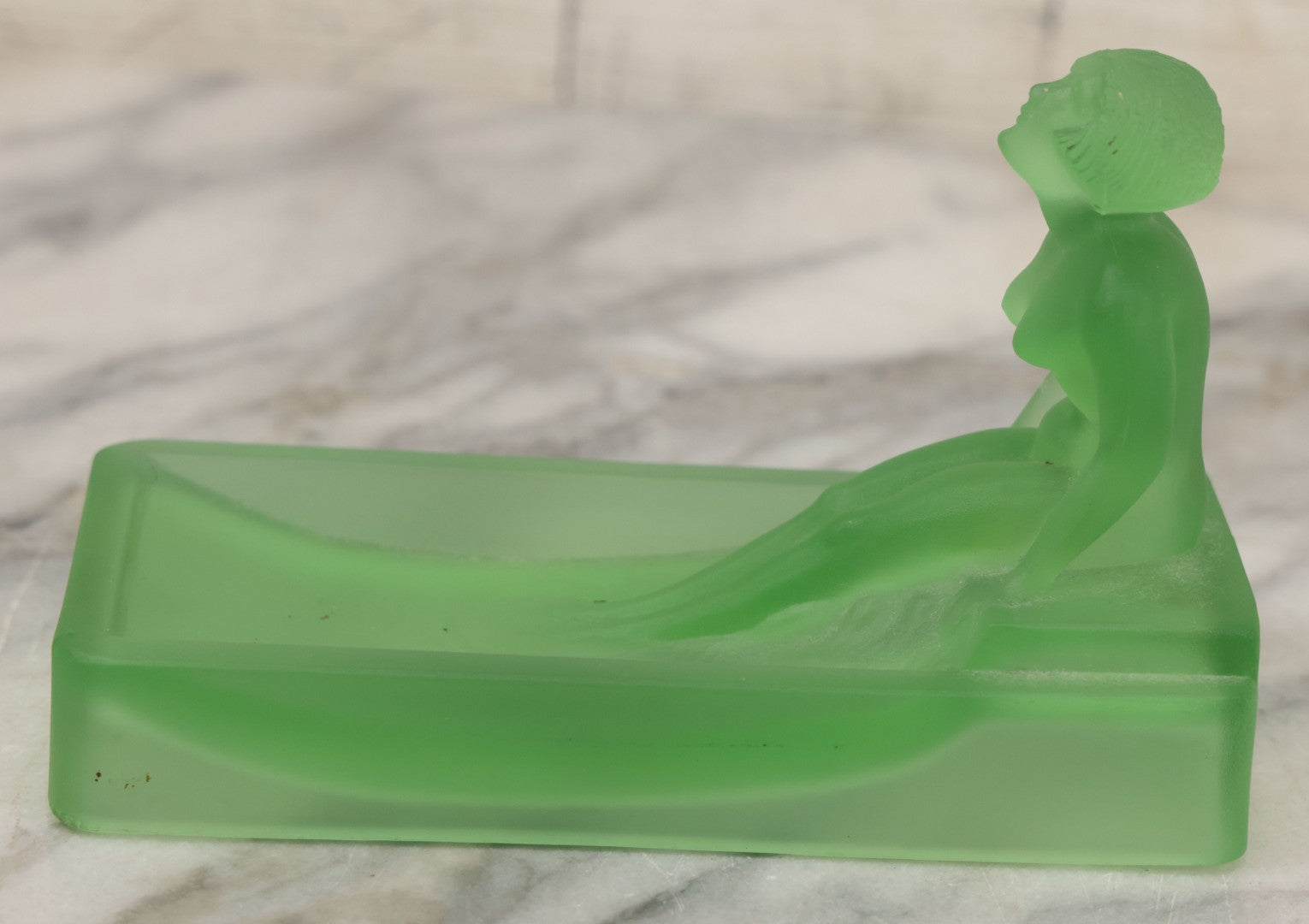 Lot 012 - Vintage Art Deco Uranium Satin Glass Trinket Or Soap Dish, Molded In Green Glass With Seated Nude Female Figure, Circa 1920s–1930s Glows Under Black Light