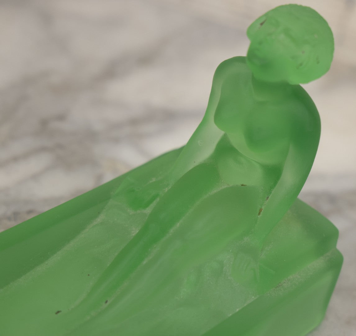Lot 012 - Vintage Art Deco Uranium Satin Glass Trinket Or Soap Dish, Molded In Green Glass With Seated Nude Female Figure, Circa 1920s–1930s Glows Under Black Light