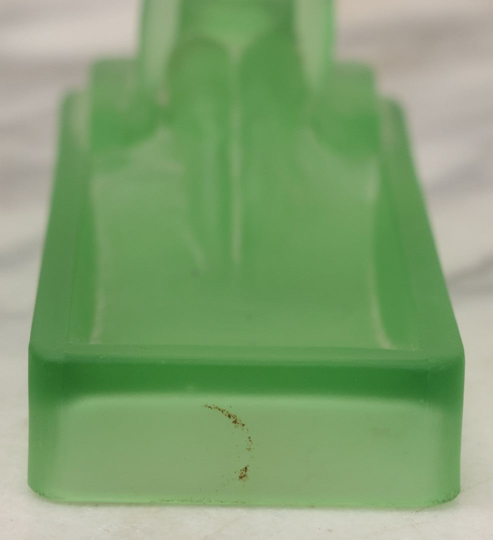 Lot 012 - Vintage Art Deco Uranium Satin Glass Trinket Or Soap Dish, Molded In Green Glass With Seated Nude Female Figure, Circa 1920s–1930s Glows Under Black Light
