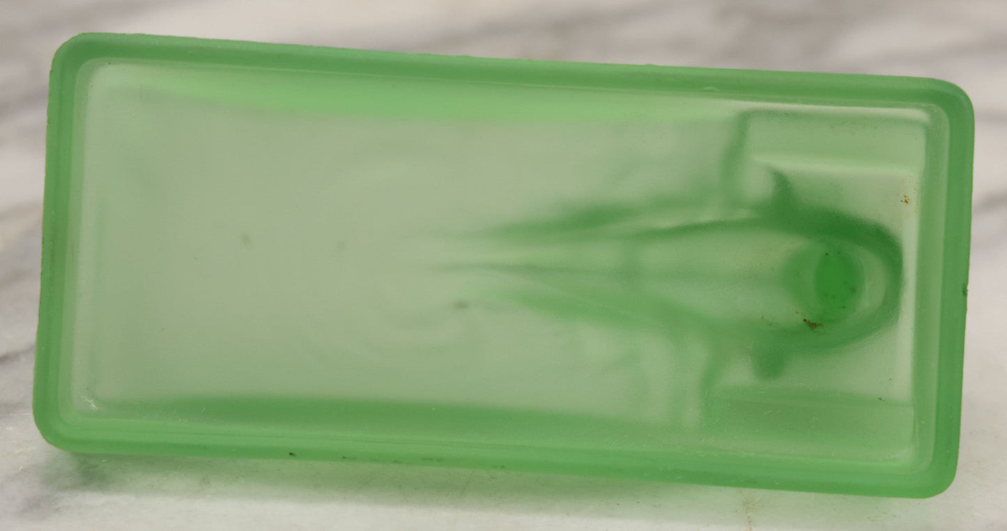 Lot 012 - Vintage Art Deco Uranium Satin Glass Trinket Or Soap Dish, Molded In Green Glass With Seated Nude Female Figure, Circa 1920s–1930s Glows Under Black Light