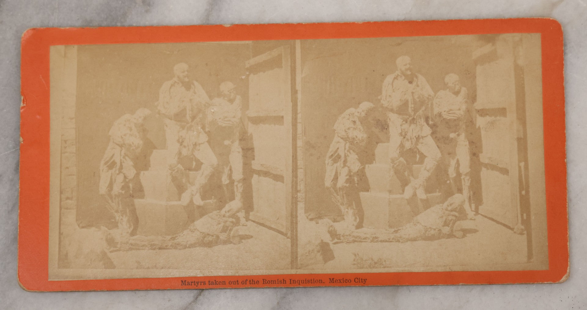 Lot 018 - Antique Stereoview Stereo Optic 3D Photo Card, Martyrs Taken Out Of The Romish Inquisition, Mexico City, Photo Of Posed Corpses