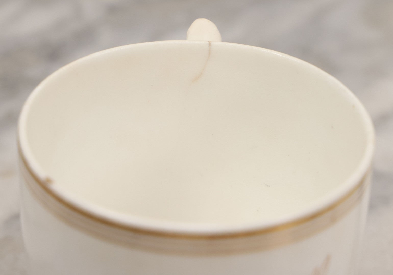 Lot 021 - Antique Porcelain Teacup With Motto "May We All Meet In Heaven," White Porcelain With Gold Painted Lettering, Striping