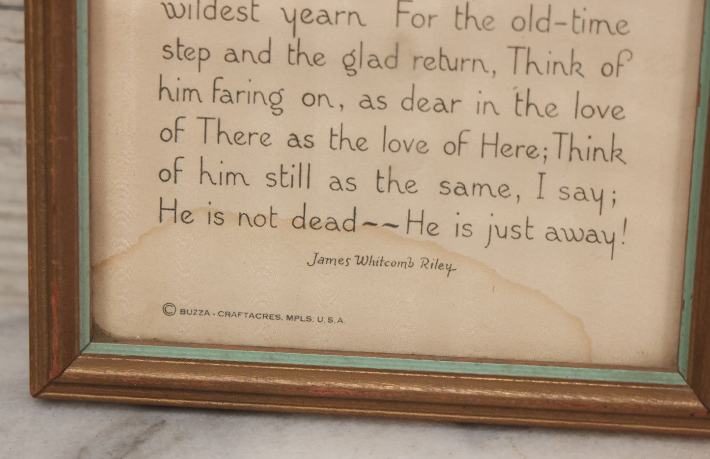 Lot 022 - Vintage Framed Funeral Poem Art, "Away" By James Whitcomb Riley, Sympathy Gift Keepsake, "He Is Not Dead~~He Is Just Away!," Copyright Buzza-Craftacres, The Buzza Company, Minneapolis, Minnesota, 4-5/8" x 9-5/8"