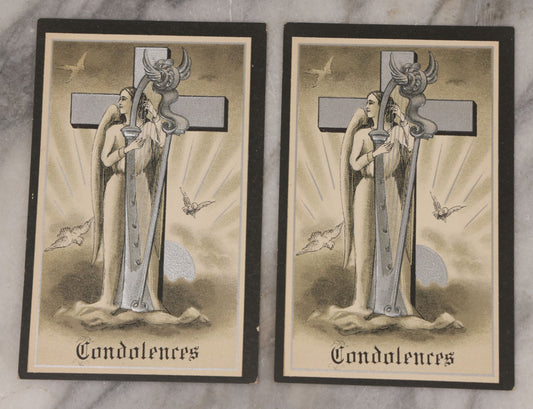 Lot 023 - Pair Of Antique Embossed  "Condolences" Sympathy Postcards With Angel, Cross, And Harp, Black Border, Mourning Series No. 551 By T.P. Co., New York, Unused