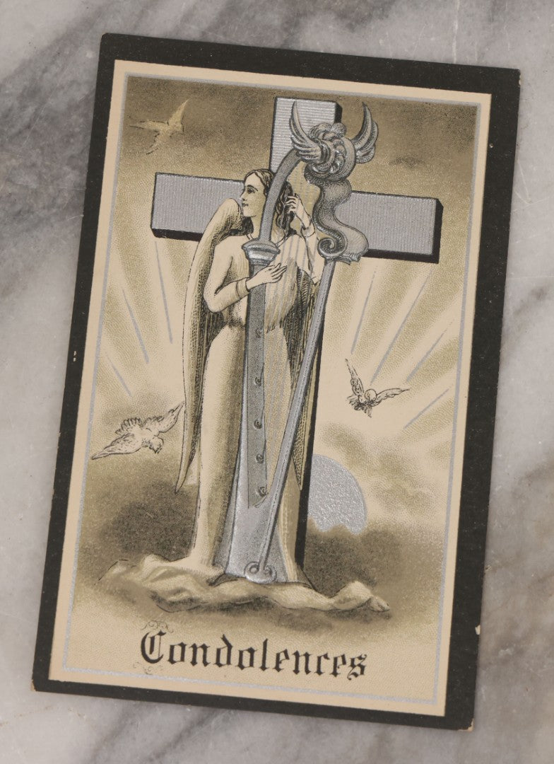 Lot 023 - Pair Of Antique Embossed  "Condolences" Sympathy Postcards With Angel, Cross, And Harp, Black Border, Mourning Series No. 551 By T.P. Co., New York, Unused