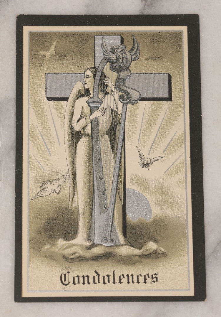 Lot 023 - Pair Of Antique Embossed  "Condolences" Sympathy Postcards With Angel, Cross, And Harp, Black Border, Mourning Series No. 551 By T.P. Co., New York, Unused