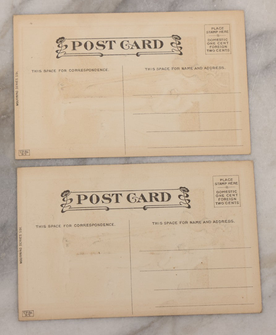 Lot 023 - Pair Of Antique Embossed  "Condolences" Sympathy Postcards With Angel, Cross, And Harp, Black Border, Mourning Series No. 551 By T.P. Co., New York, Unused