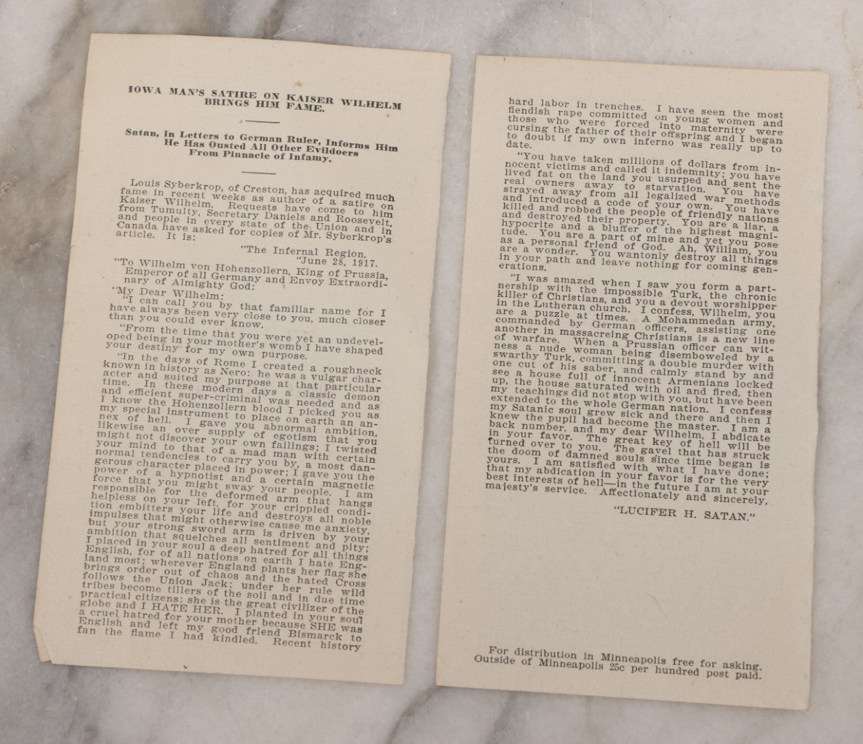 Lot 024 - Antique Two-Page Tract, "The Devil Has Resigned," Published By C.J. Hibbard, Minneapolis, Minnesota, Satirical Letter To Kaiser Wilhelm From Satan, Penned By Louis Syberkrop, World War One Era