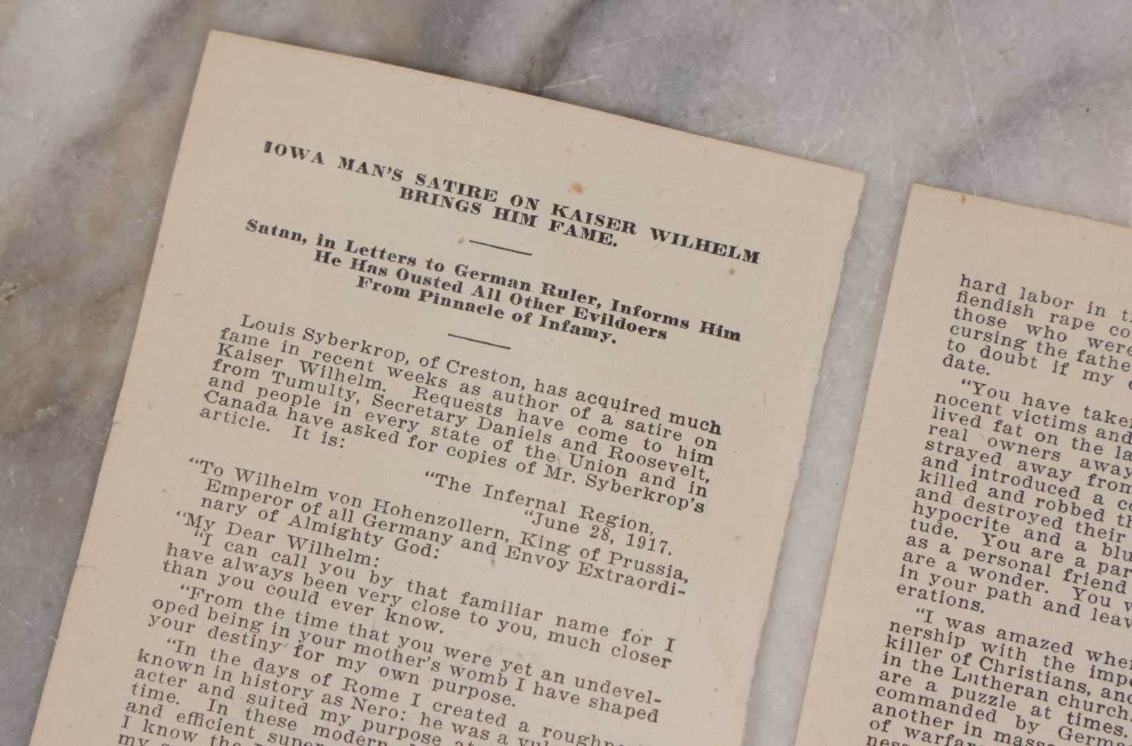 Lot 024 - Antique Two-Page Tract, "The Devil Has Resigned," Published By C.J. Hibbard, Minneapolis, Minnesota, Satirical Letter To Kaiser Wilhelm From Satan, Penned By Louis Syberkrop, World War One Era