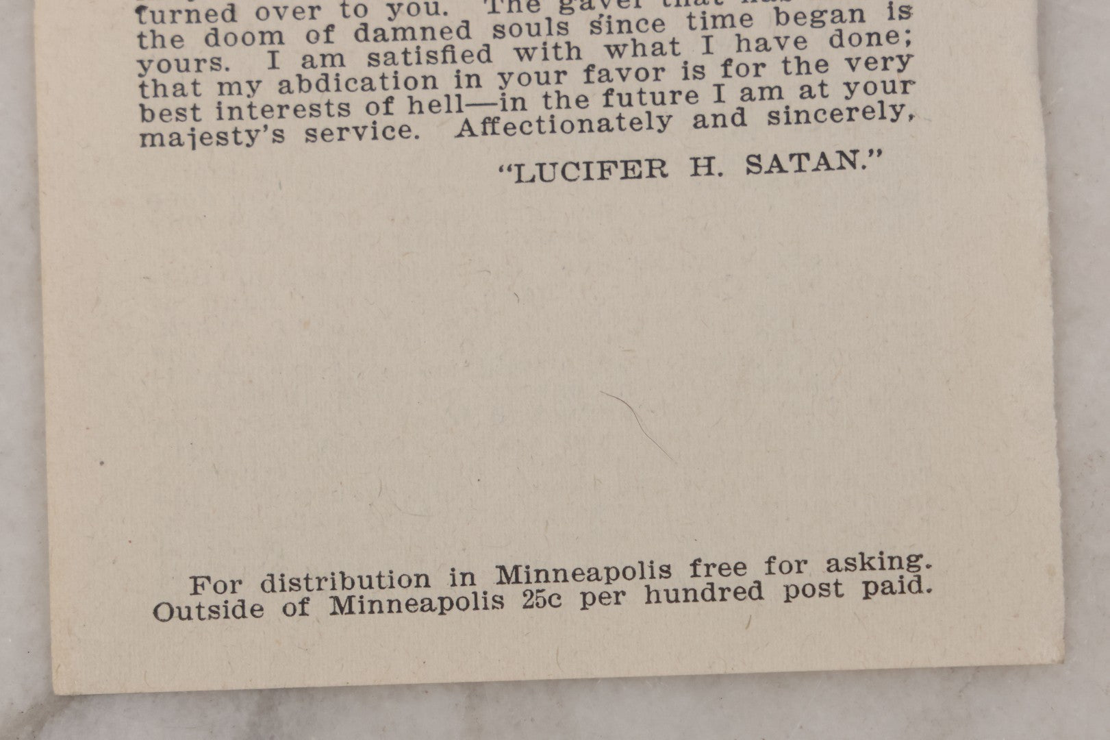 Lot 024 - Antique Two-Page Tract, "The Devil Has Resigned," Published By C.J. Hibbard, Minneapolis, Minnesota, Satirical Letter To Kaiser Wilhelm From Satan, Penned By Louis Syberkrop, World War One Era