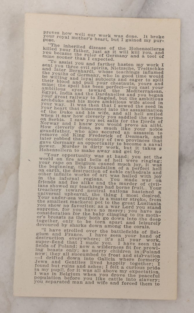 Lot 024 - Antique Two-Page Tract, "The Devil Has Resigned," Published By C.J. Hibbard, Minneapolis, Minnesota, Satirical Letter To Kaiser Wilhelm From Satan, Penned By Louis Syberkrop, World War One Era