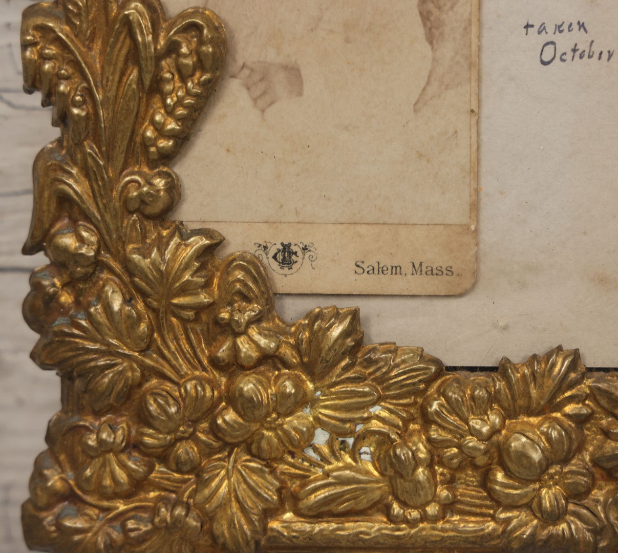 Lot 026 - Antique Pressed Brass Frame Containing A Carte De Visite C.D.V. Photograph Of Alden Eaton White Taken October 1885, With Obituary Of Mother Mary Howe White On Verso, Died From Complications During Childbirth, Photo Taken Salem, Massachusetts