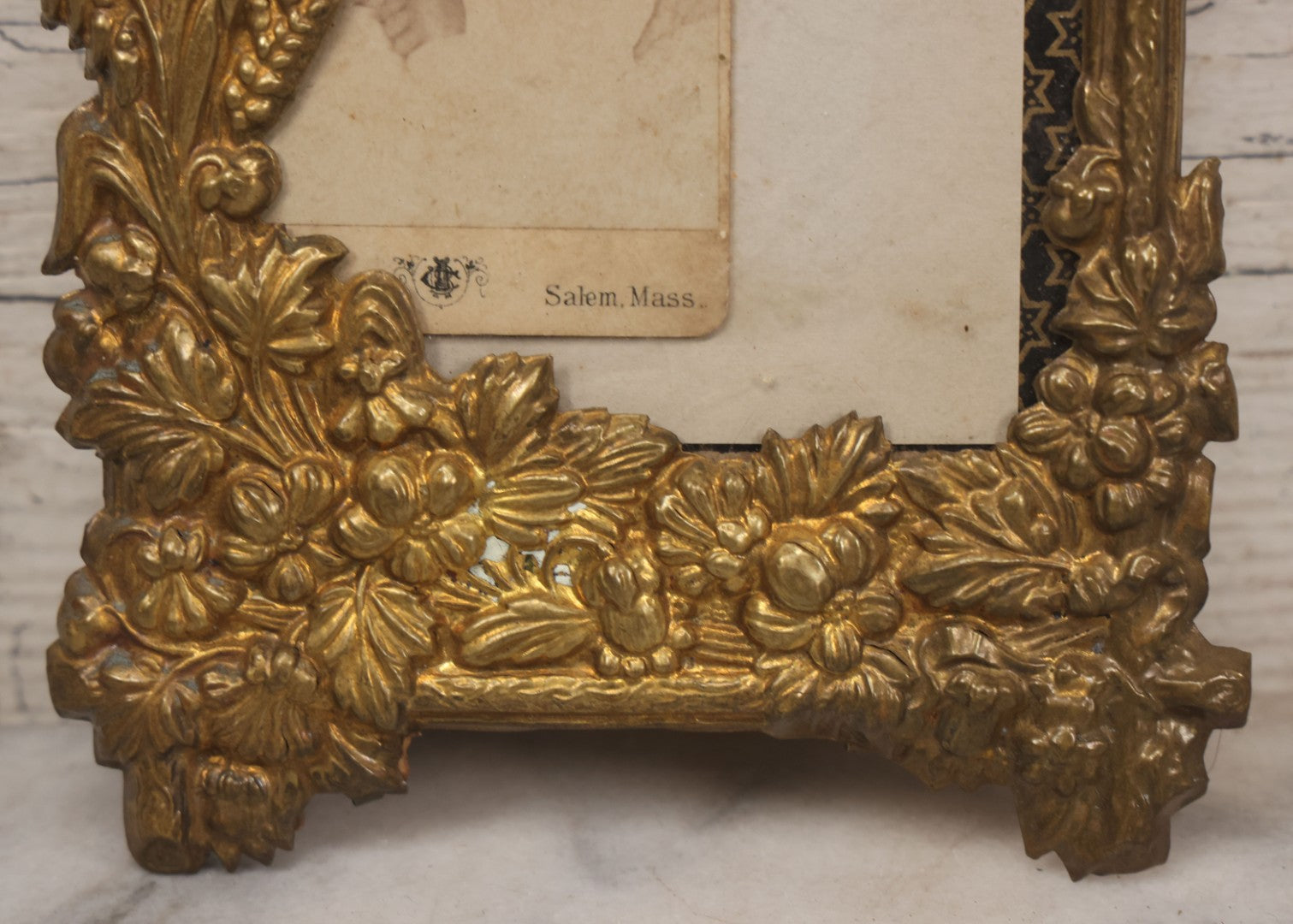 Lot 026 - Antique Pressed Brass Frame Containing A Carte De Visite C.D.V. Photograph Of Alden Eaton White Taken October 1885, With Obituary Of Mother Mary Howe White On Verso, Died From Complications During Childbirth, Photo Taken Salem, Massachusetts