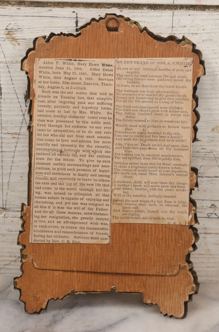 Lot 026 - Antique Pressed Brass Frame Containing A Carte De Visite C.D.V. Photograph Of Alden Eaton White Taken October 1885, With Obituary Of Mother Mary Howe White On Verso, Died From Complications During Childbirth, Photo Taken Salem, Massachusetts