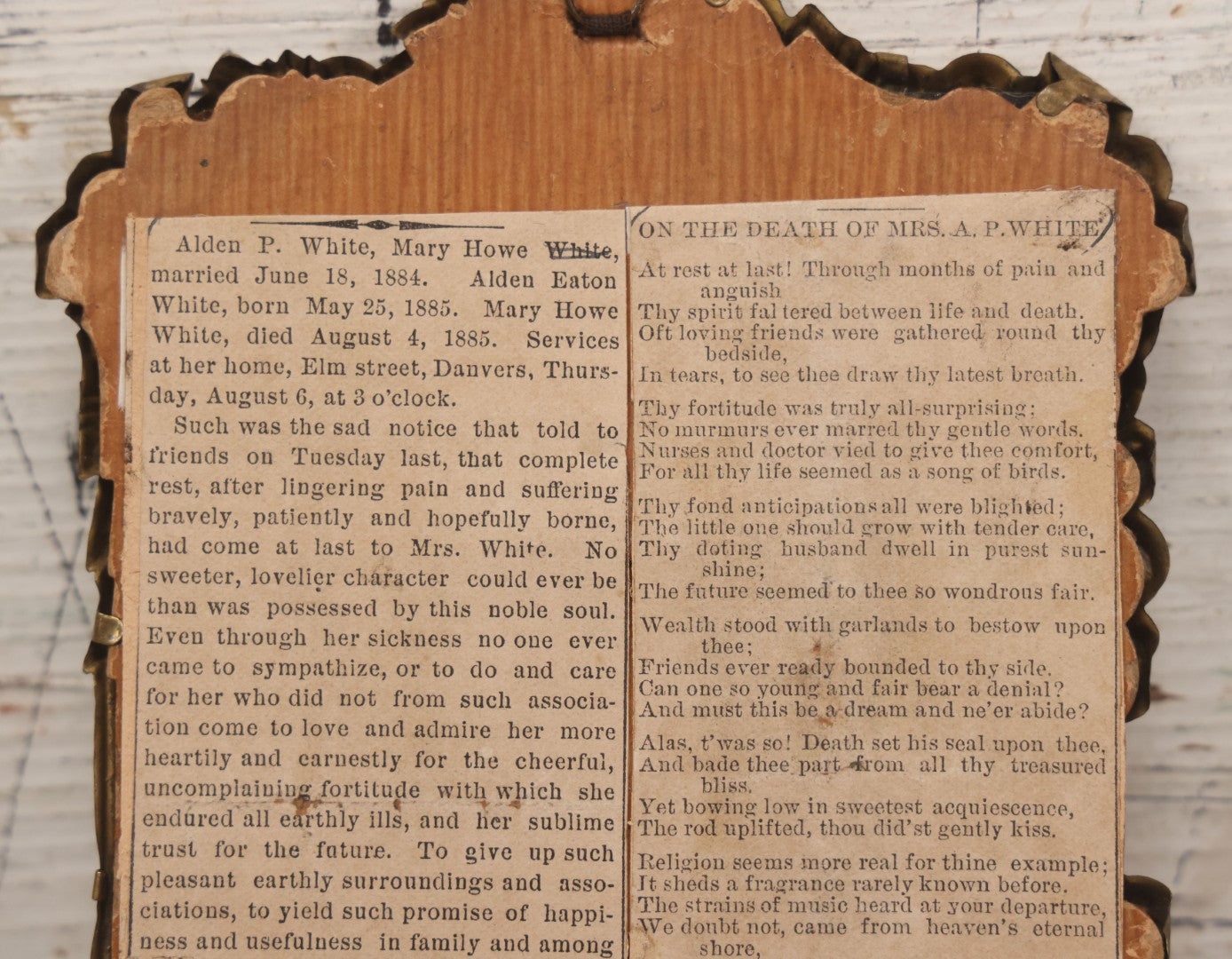 Lot 026 - Antique Pressed Brass Frame Containing A Carte De Visite C.D.V. Photograph Of Alden Eaton White Taken October 1885, With Obituary Of Mother Mary Howe White On Verso, Died From Complications During Childbirth, Photo Taken Salem, Massachusetts