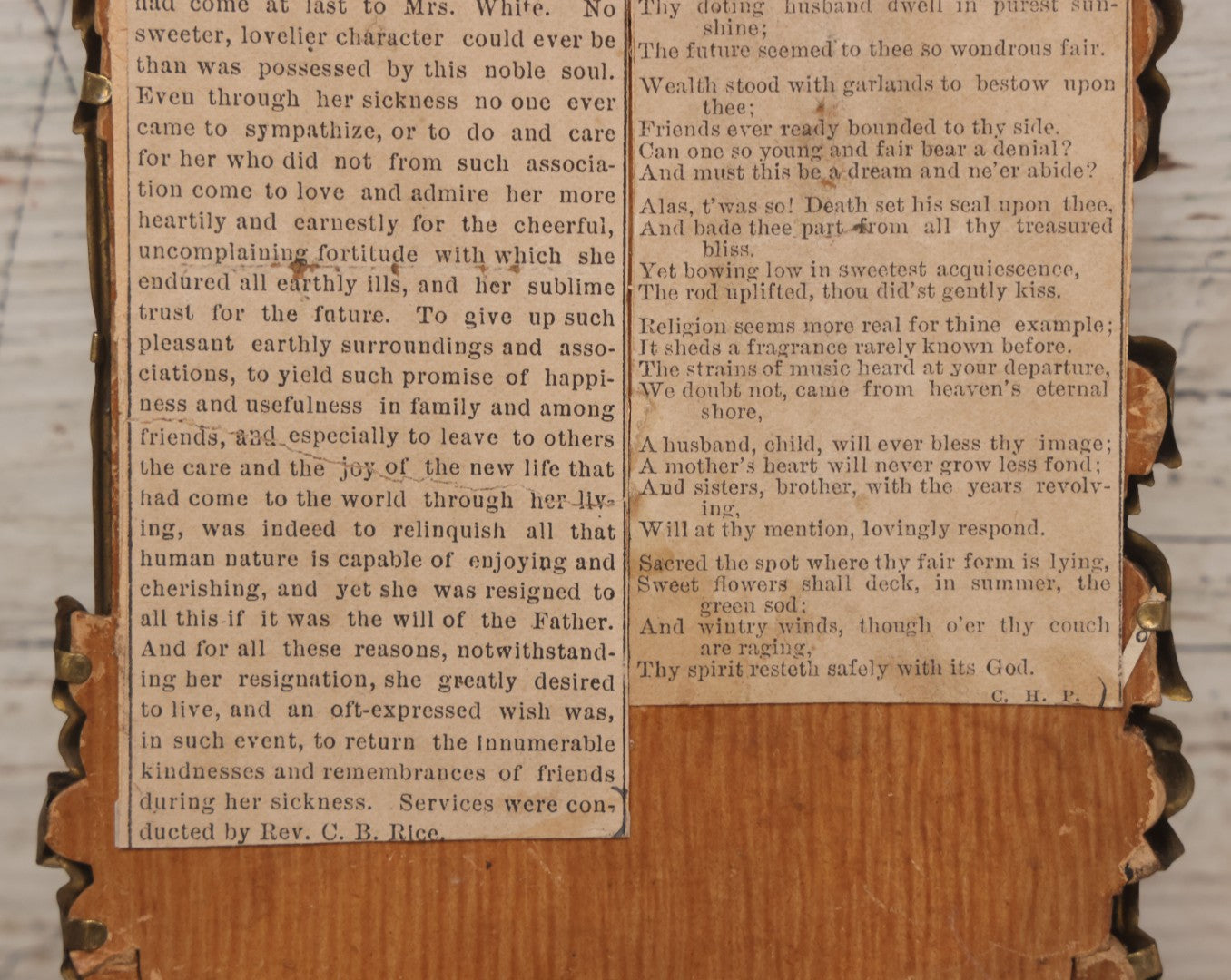 Lot 026 - Antique Pressed Brass Frame Containing A Carte De Visite C.D.V. Photograph Of Alden Eaton White Taken October 1885, With Obituary Of Mother Mary Howe White On Verso, Died From Complications During Childbirth, Photo Taken Salem, Massachusetts