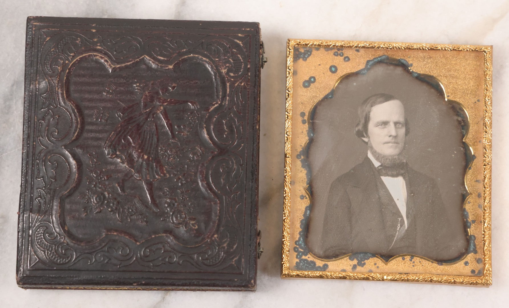 Lot 029 - Antique 1/6th Plate Daguerreotype Photograph Of A Middle Aged Man With A Bushy Chin Beard, In Full Intact Leatherette Union Case With Girl Throwing Flowers, Butterflies