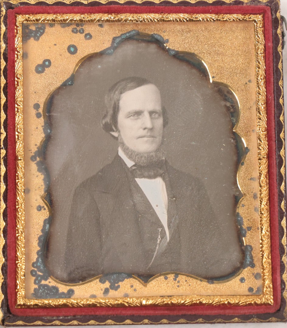Lot 029 - Antique 1/6th Plate Daguerreotype Photograph Of A Middle Aged Man With A Bushy Chin Beard, In Full Intact Leatherette Union Case With Girl Throwing Flowers, Butterflies