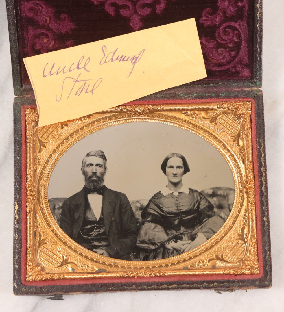 Lot 032 - Antique 1/4 Plate Ruby Ambrotype Photograph Of A Man And Woman Couple, Man Identified As Uncle Edward Stone, In Full Leatherette Union Case