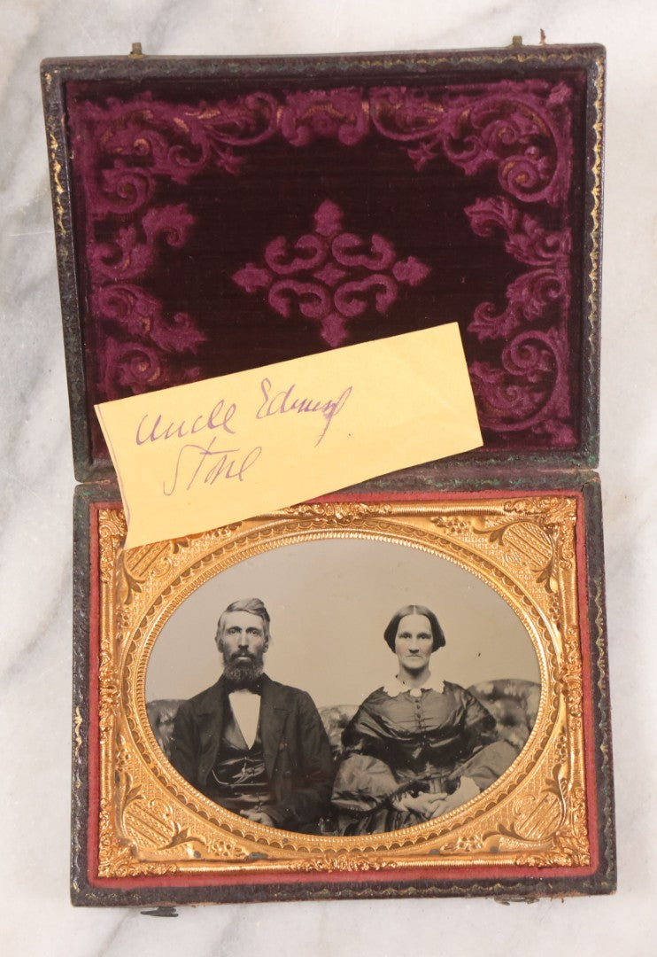 Lot 032 - Antique 1/4 Plate Ruby Ambrotype Photograph Of A Man And Woman Couple, Man Identified As Uncle Edward Stone, In Full Leatherette Union Case