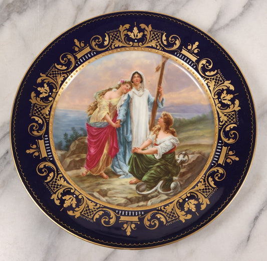 Lot 035 - Antique Hand Painted Decorative Plate With Allegorical Three Theological Virtues Motif, "Glaube, Hoffnung Und Liebe" (Hope, Faith, And Charity), Artist Signed K. Weh, Royal Vienna Porcelain, Circa Late 19th Century, 10-1/4" Diameter