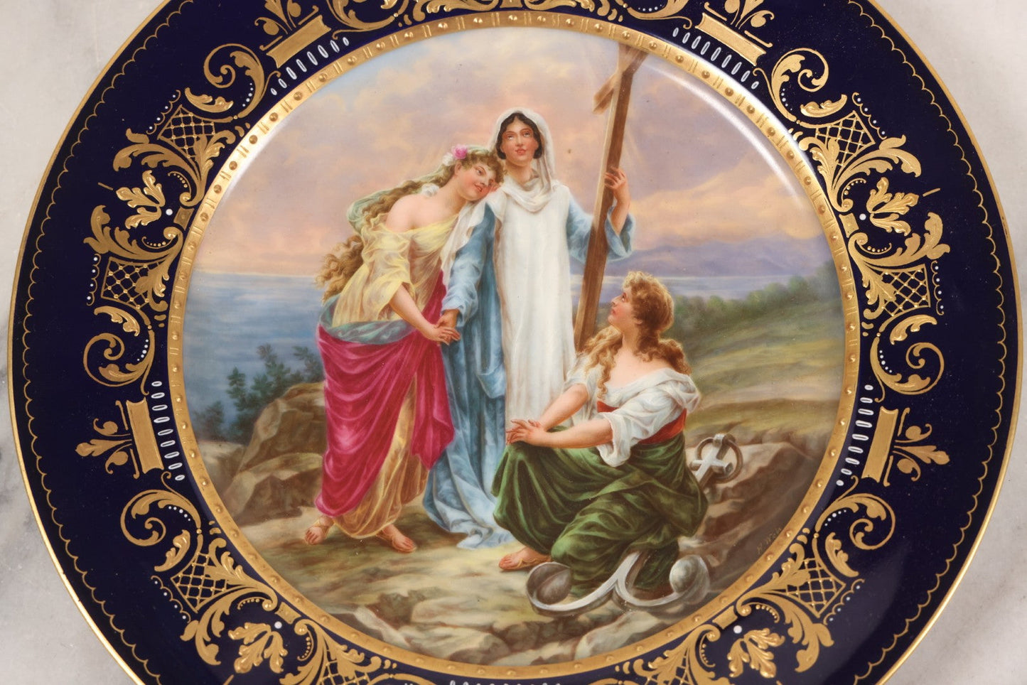 Lot 035 - Antique Hand Painted Decorative Plate With Allegorical Three Theological Virtues Motif, "Glaube, Hoffnung Und Liebe" (Hope, Faith, And Charity), Artist Signed K. Weh, Royal Vienna Porcelain, Circa Late 19th Century, 10-1/4" Diameter