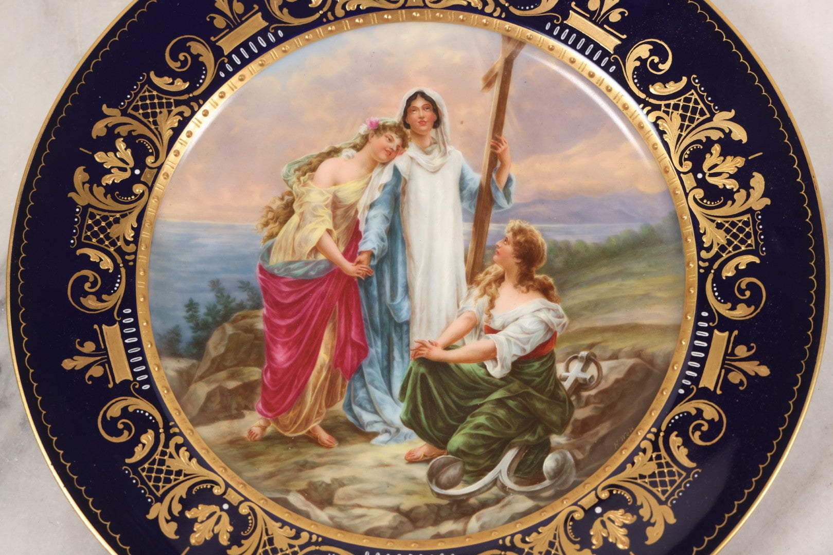 Lot 035 - Antique Hand Painted Decorative Plate With Allegorical Three Theological Virtues Motif, "Glaube, Hoffnung Und Liebe" (Hope, Faith, And Charity), Artist Signed K. Weh, Royal Vienna Porcelain, Circa Late 19th Century, 10-1/4" Diameter