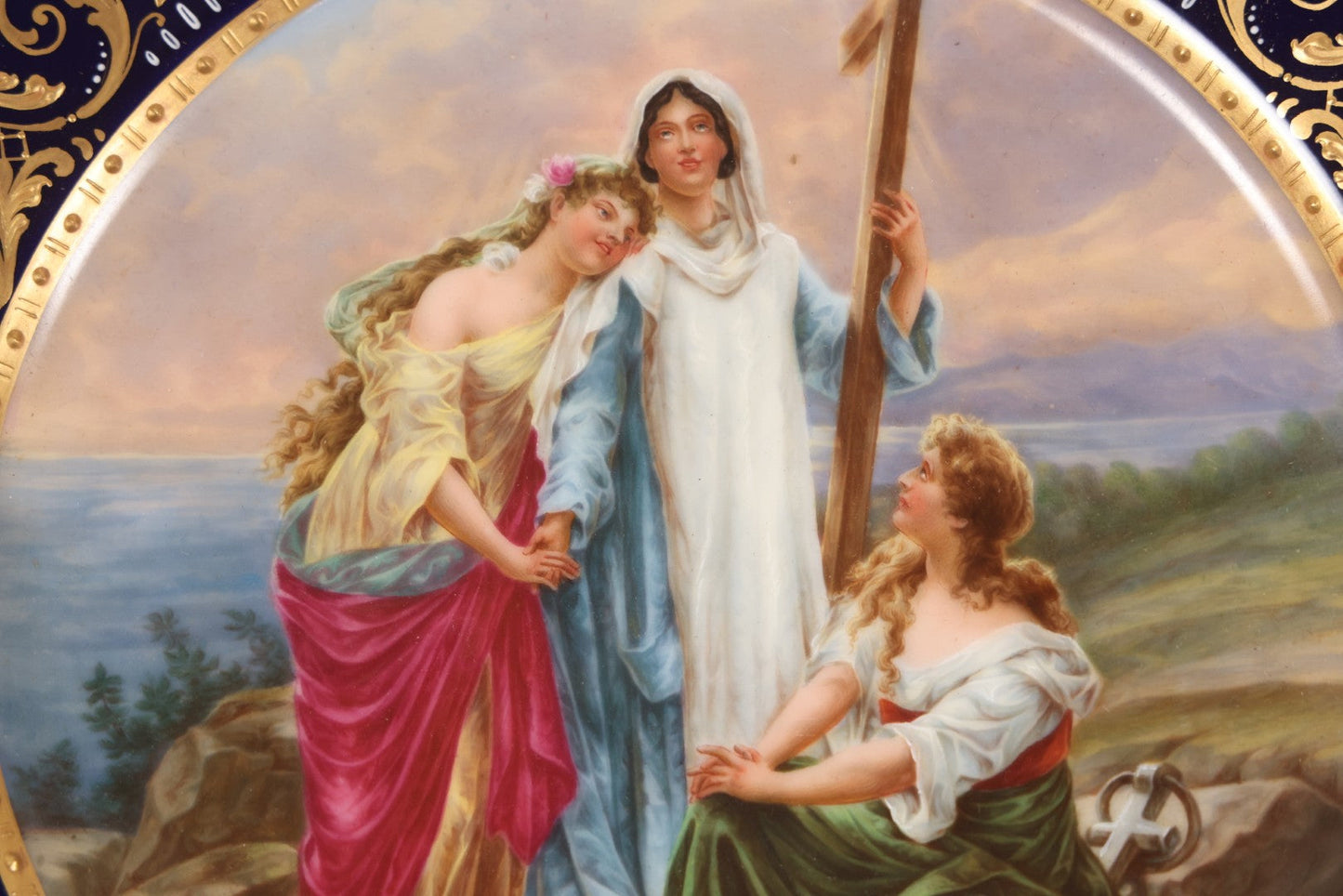 Lot 035 - Antique Hand Painted Decorative Plate With Allegorical Three Theological Virtues Motif, "Glaube, Hoffnung Und Liebe" (Hope, Faith, And Charity), Artist Signed K. Weh, Royal Vienna Porcelain, Circa Late 19th Century, 10-1/4" Diameter