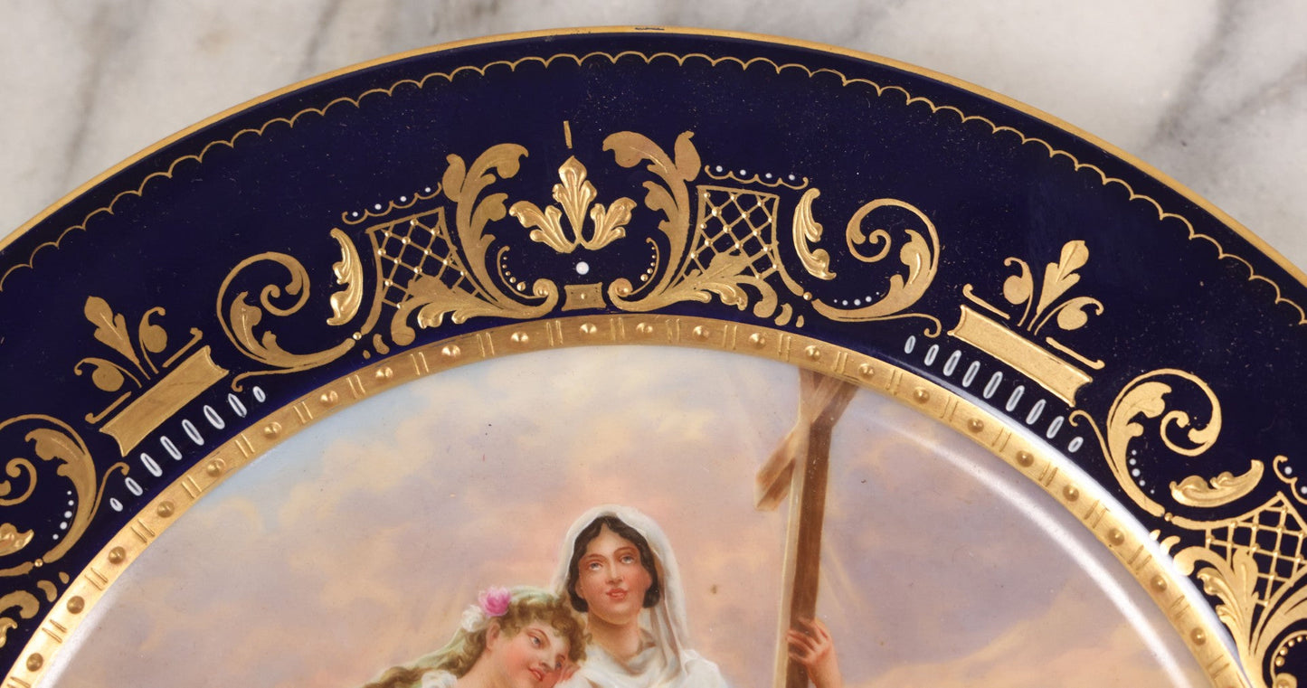 Lot 035 - Antique Hand Painted Decorative Plate With Allegorical Three Theological Virtues Motif, "Glaube, Hoffnung Und Liebe" (Hope, Faith, And Charity), Artist Signed K. Weh, Royal Vienna Porcelain, Circa Late 19th Century, 10-1/4" Diameter