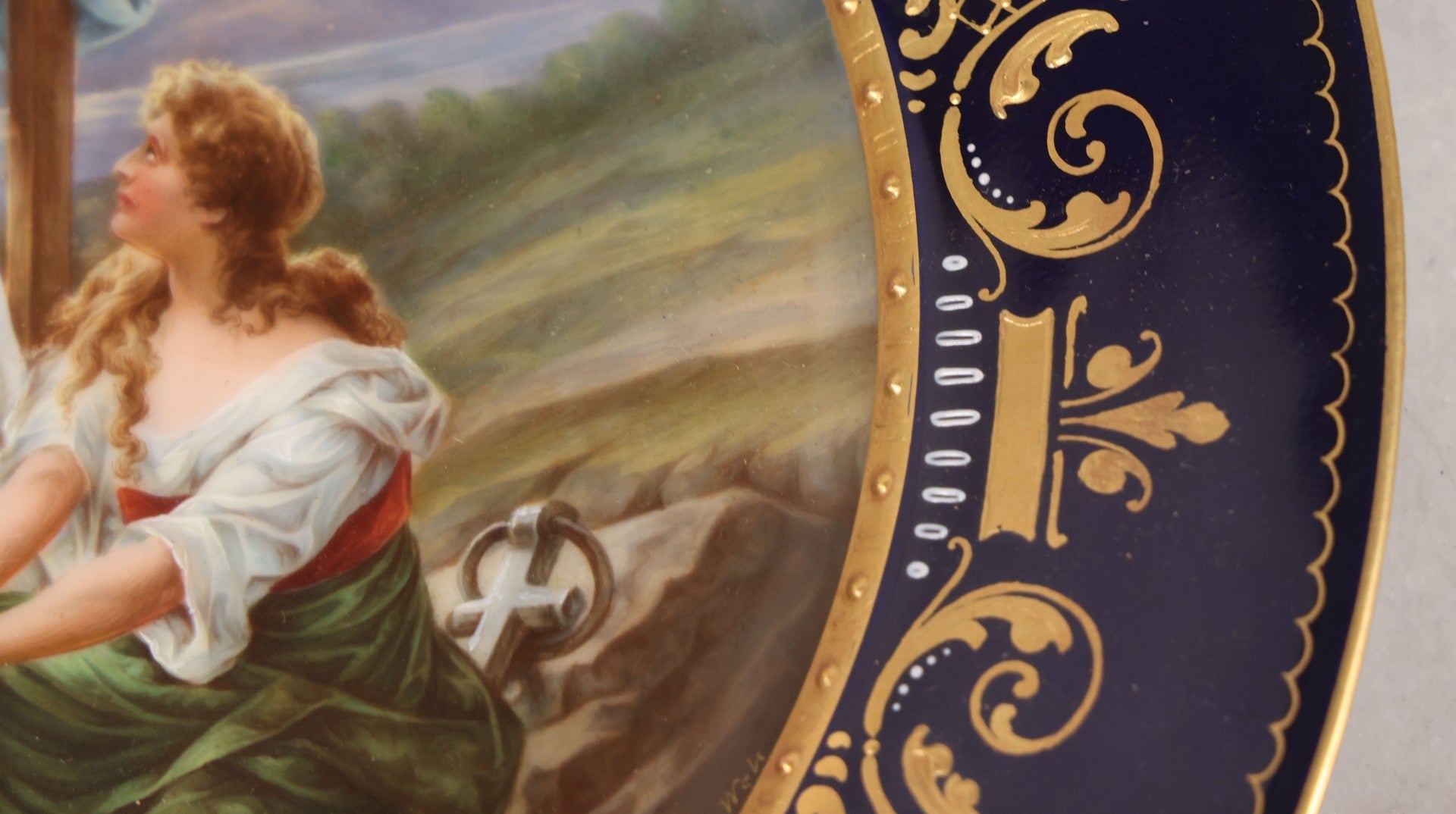 Lot 035 - Antique Hand Painted Decorative Plate With Allegorical Three Theological Virtues Motif, "Glaube, Hoffnung Und Liebe" (Hope, Faith, And Charity), Artist Signed K. Weh, Royal Vienna Porcelain, Circa Late 19th Century, 10-1/4" Diameter