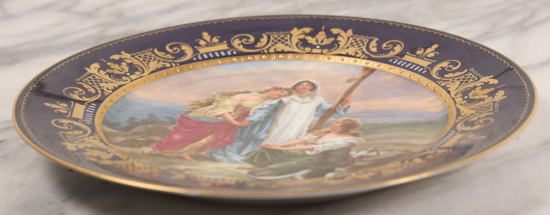 Lot 035 - Antique Hand Painted Decorative Plate With Allegorical Three Theological Virtues Motif, "Glaube, Hoffnung Und Liebe" (Hope, Faith, And Charity), Artist Signed K. Weh, Royal Vienna Porcelain, Circa Late 19th Century, 10-1/4" Diameter