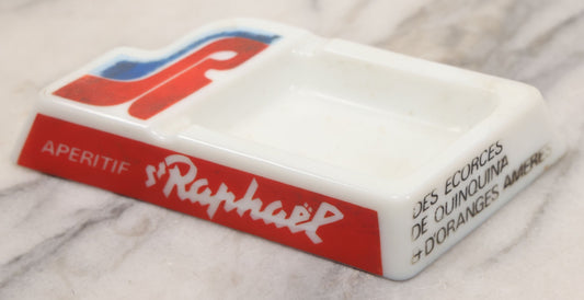 Lot 038 - Vintage St. Raphaël French Aperitif Milk Glass Advertising Ashtray, Red & Blue Logo, “Des Écorces De Quinquina & D'Oranges Amères” (“Bark Of Cinchona & Bitter Oranges”), Manufactured by Magnier Blanguy, Made in France