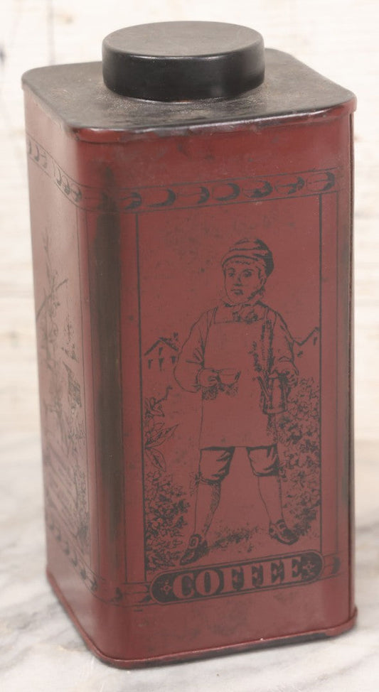 Lot 039 - Antique Burgundy Colored Coffee Tin With Printed Scenes Of Farm Life, Knickerbocker Mills, William J. Stitt & Co., New York, With Lid, 7-1/4" H