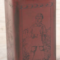 Lot 039 - Antique Burgundy Colored Coffee Tin With Printed Scenes Of Farm Life, Knickerbocker Mills, William J. Stitt & Co., New York, With Lid, 7-1/4" H
