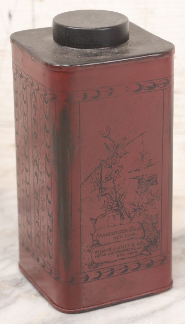Lot 039 - Antique Burgundy Colored Coffee Tin With Printed Scenes Of Farm Life, Knickerbocker Mills, William J. Stitt & Co., New York, With Lid, 7-1/4" H