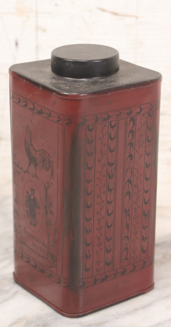 Lot 039 - Antique Burgundy Colored Coffee Tin With Printed Scenes Of Farm Life, Knickerbocker Mills, William J. Stitt & Co., New York, With Lid, 7-1/4" H