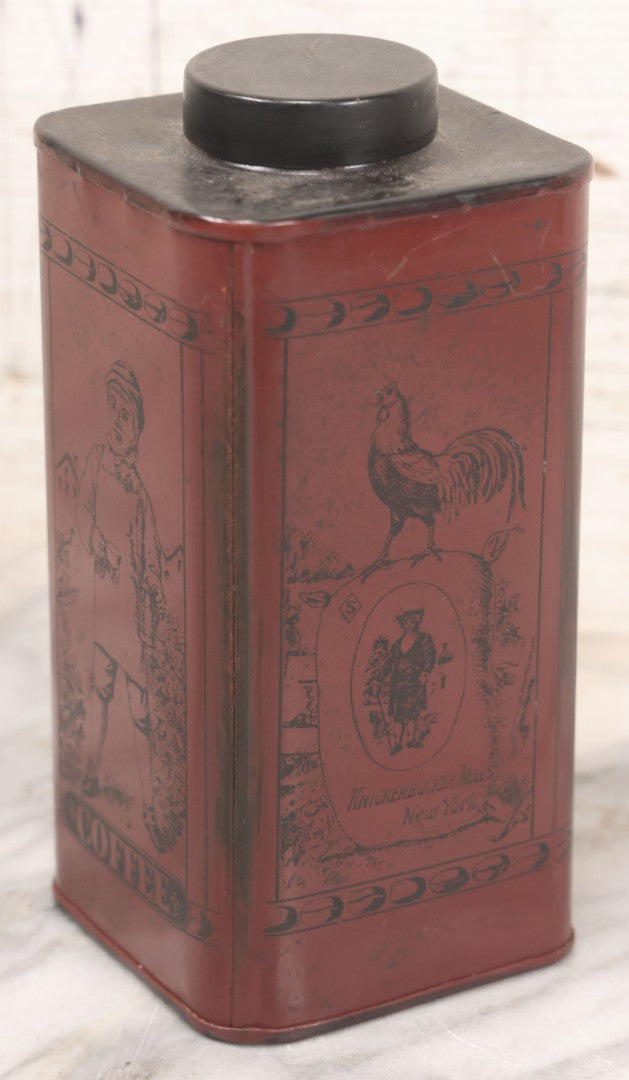 Lot 039 - Antique Burgundy Colored Coffee Tin With Printed Scenes Of Farm Life, Knickerbocker Mills, William J. Stitt & Co., New York, With Lid, 7-1/4" H