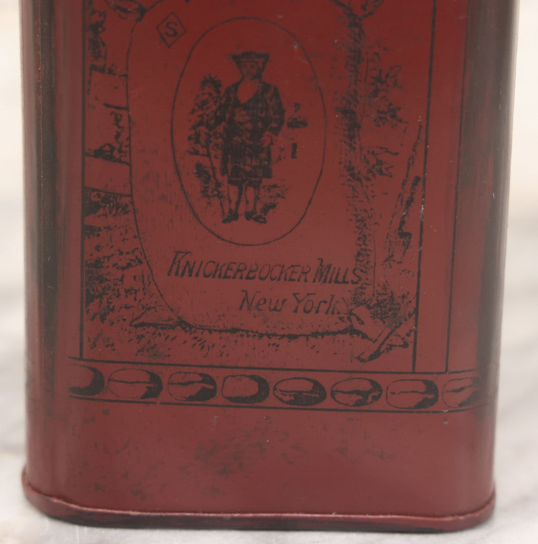 Lot 039 - Antique Burgundy Colored Coffee Tin With Printed Scenes Of Farm Life, Knickerbocker Mills, William J. Stitt & Co., New York, With Lid, 7-1/4" H