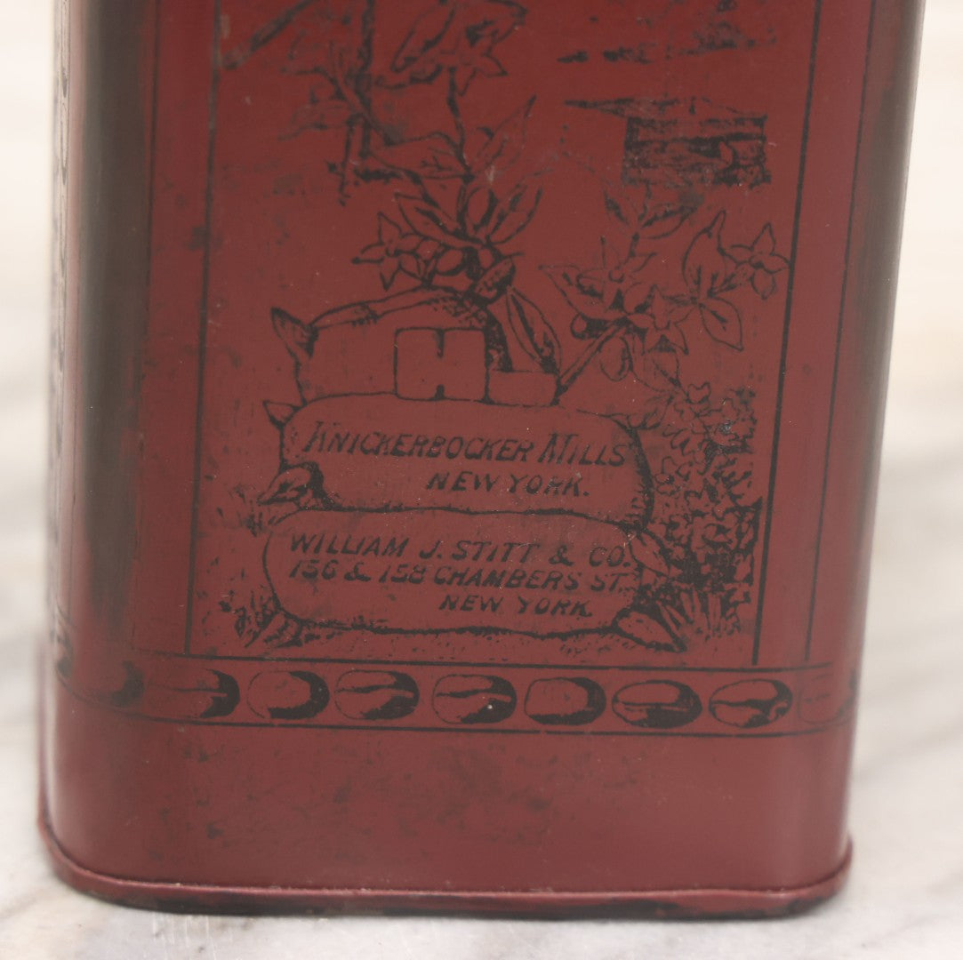 Lot 039 - Antique Burgundy Colored Coffee Tin With Printed Scenes Of Farm Life, Knickerbocker Mills, William J. Stitt & Co., New York, With Lid, 7-1/4" H