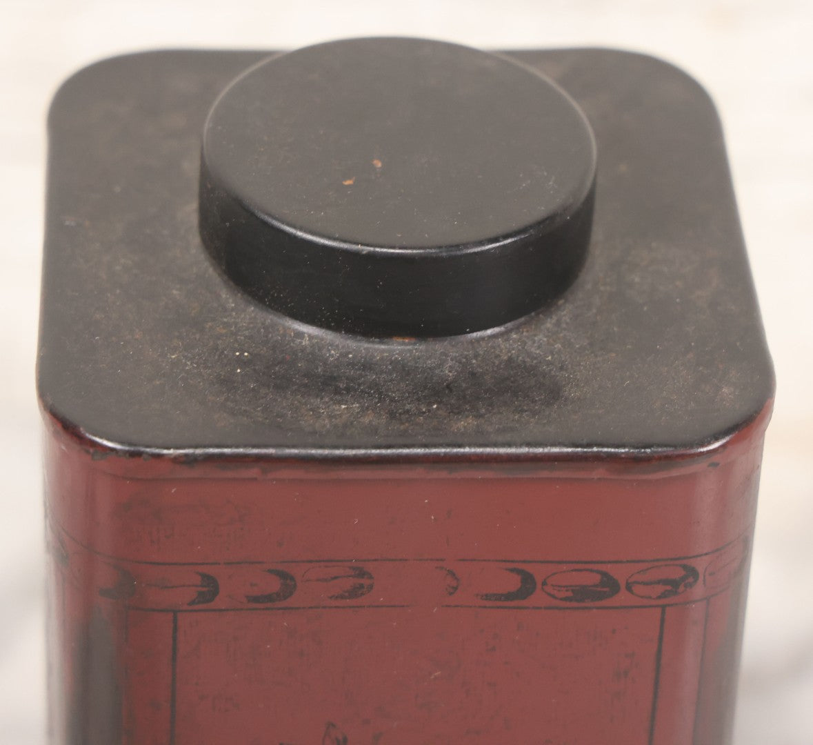 Lot 039 - Antique Burgundy Colored Coffee Tin With Printed Scenes Of Farm Life, Knickerbocker Mills, William J. Stitt & Co., New York, With Lid, 7-1/4" H