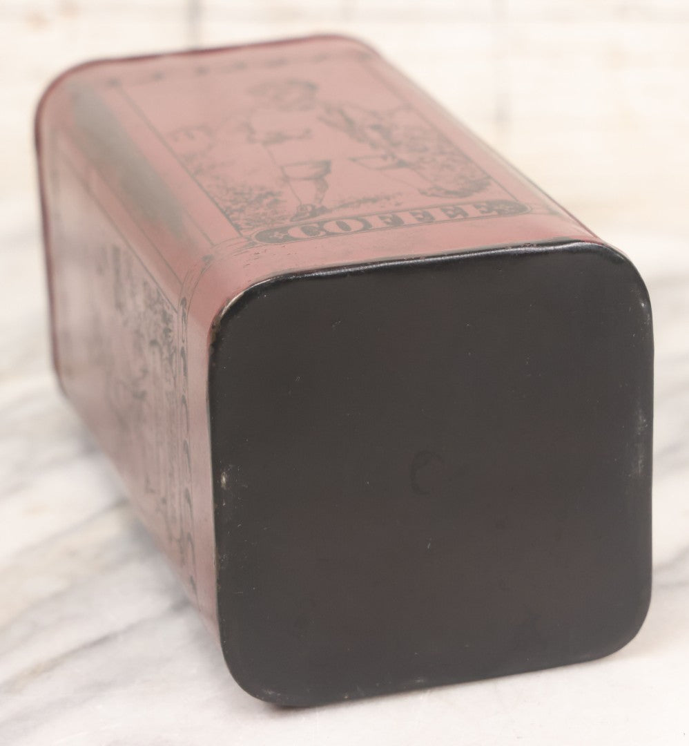 Lot 039 - Antique Burgundy Colored Coffee Tin With Printed Scenes Of Farm Life, Knickerbocker Mills, William J. Stitt & Co., New York, With Lid, 7-1/4" H